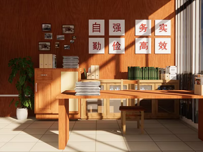 Wooden Office Interior With Bright Lighting Red Signs Green Plant Document Cabinets And Stacked Folders 3d model