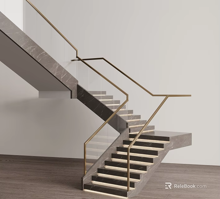 Modern Staircase Design With Marble Treads Brass Railings And Glass Balustrades 3d model 