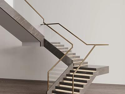Modern Staircase Design With Marble Treads Brass Railings And Glass Balustrades 3d model