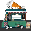 Cartoon Themed Food Cart With Green Body Awning Wheels And Menu Board For Tiny Cafe