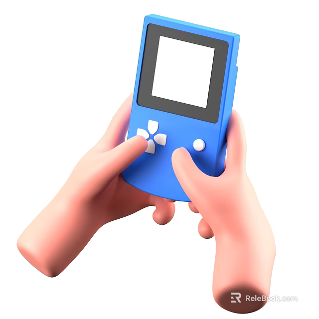 Hands Playing Blue Portable Game Console With Retro Design And Game Character Screen 3d model 