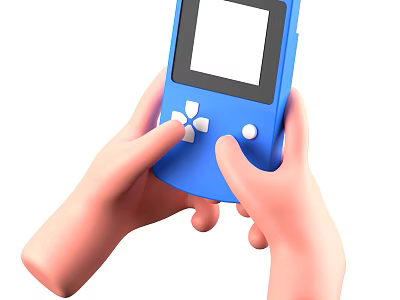 Hands Playing Blue Portable Game Console With Retro Design And Game Character Screen 3d model