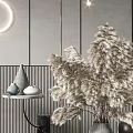 Modern Accent Chair Interior Featuring Circular Lighted Decor Side Table Pampas Grass And Textured Rug