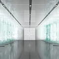 Modern Exhibition Hall Interior With Transparent Glass Display Cases White Line Patterns And Lighting