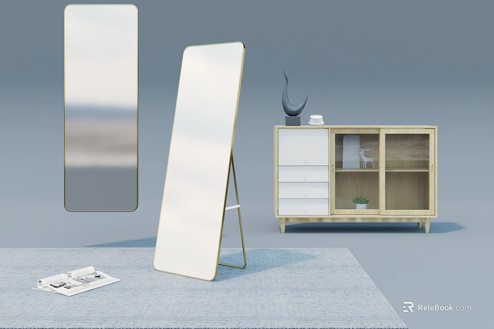 Standing Full Length Mirrors With Wooden Cabinet Decorative Items And Rug 3d model 