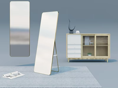 Standing Full Length Mirrors With Wooden Cabinet Decorative Items And Rug 3d model