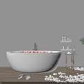 Modern White Bathtub With Flower Petals On Wooden Floor Pebbles And Bath Products