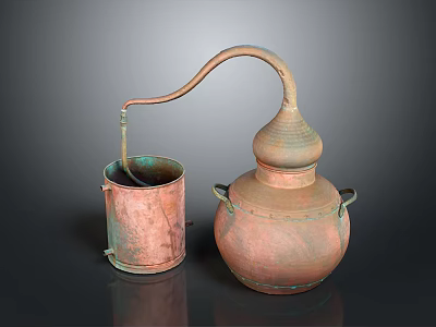 Traditional Copper Vessel with Curved Spout Two Handles and Small Matching Cup 3d model