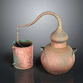 Traditional Copper Vessel with Curved Spout Two Handles and Small Matching Cup