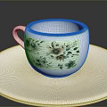 Beautiful White Ceramic Cup With Floral Patterns On Round White Plate 3d model