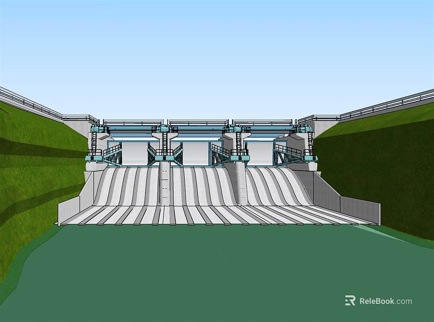 Sluice Gate Spillway Structure With Green Embankment And Water Channels 3d model 