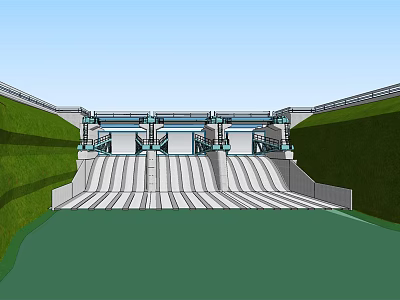 Sluice Gate Spillway Structure With Green Embankment And Water Channels 3d model