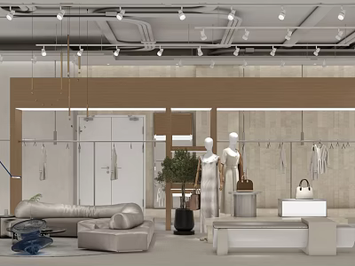 Modern Clothing Store Interior With Mannequins Sofa Racks And Decorative Plants 3d model