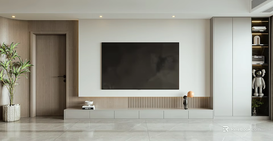 Modern Minimalist TV Background Wall With Cabinet And Decor Elements 3d model
