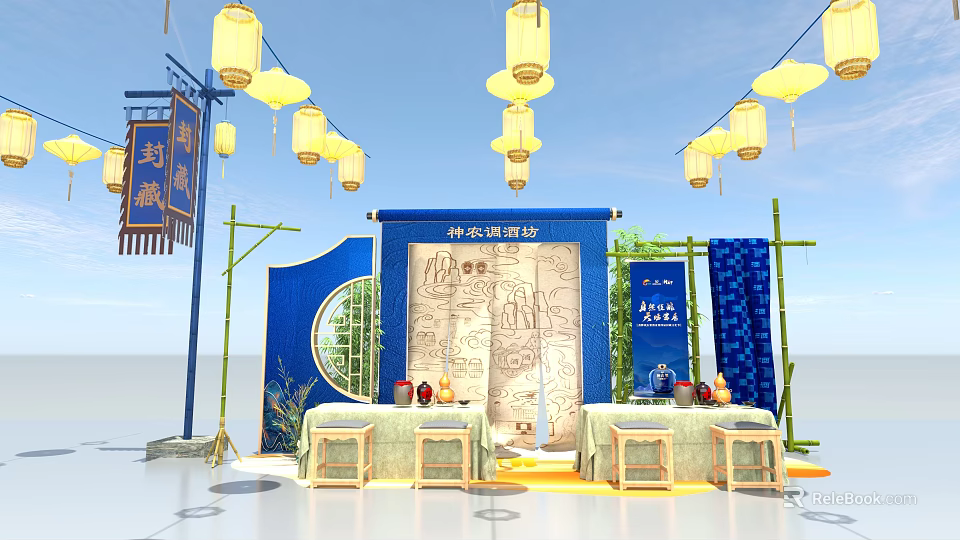 Chinese Style Interactive Area With Hanging Lanterns Blue Backdrop Scroll And Bamboo Structure 3d model
