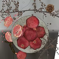 Fresh Pomegranates In Stone Bowl With Halved Fruits Seeds And Decorative Branches