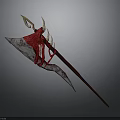 Ornate Red And Golden Axe Weapon With Flame Like Patterns And Long Handle