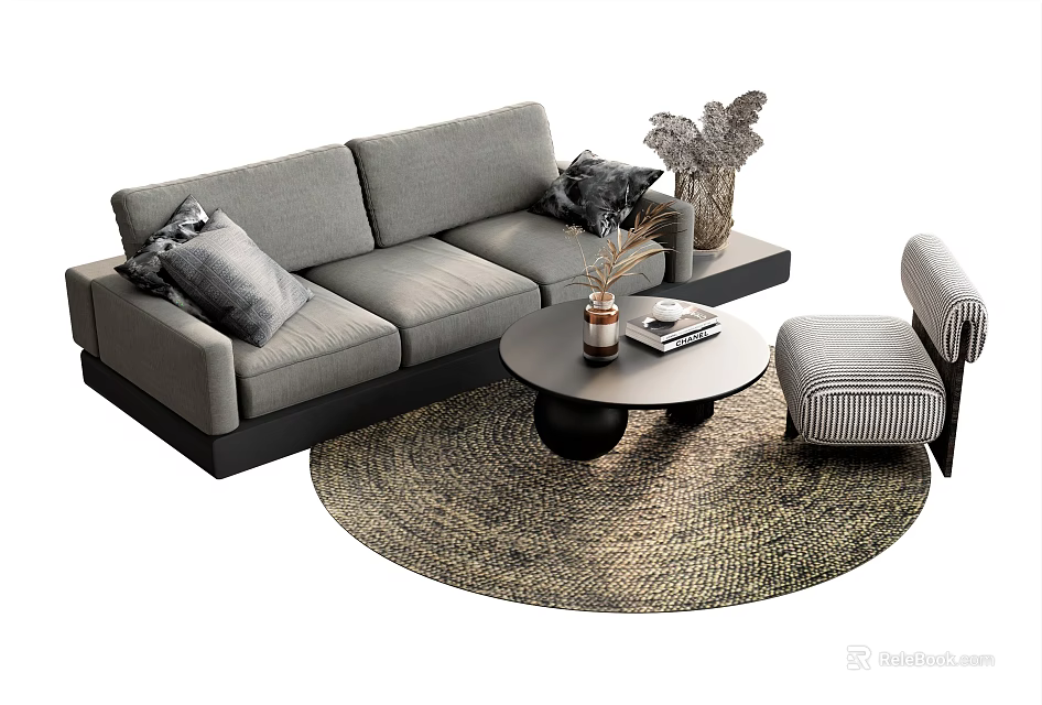 Modern Upholstered Sofa and Coffee Table Set with Gray Pillows Round Table Decor Stool Rug 3d model