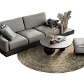 Modern Upholstered Sofa and Coffee Table Set with Gray Pillows Round Table Decor Stool Rug 3d model