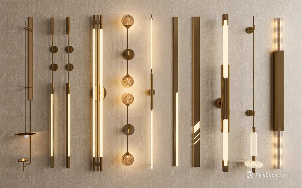 Modern Brass Wall Sconces With Sleek Linear And Circular Decorative Designs 3d model
