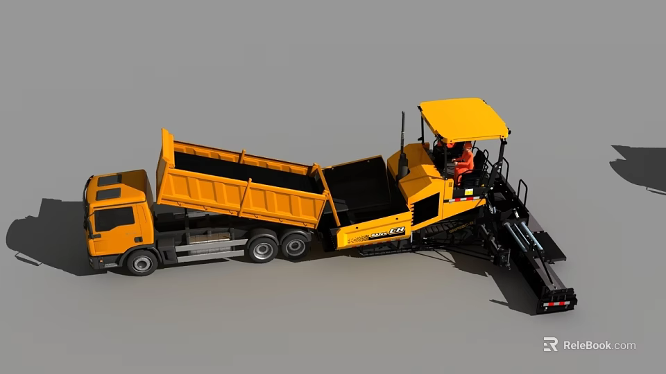 Yellow Dump Truck and Paver Working Together on Industrial Construction Site 3d model 