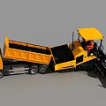 Yellow Dump Truck and Paver Working Together on Industrial Construction Site