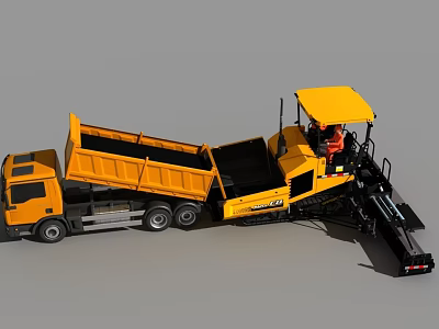 Yellow Dump Truck and Paver Working Together on Industrial Construction Site 3d model
