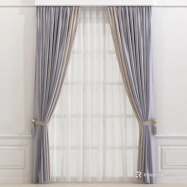 Elegant Gray Curtains With White Sheer Layers And Decorative Tiebacks For Interior Design 3d model