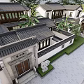 Chinese Style Semi Detached Villa With Traditional Roof White Walls Courtyard And Green Plants