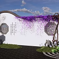 Chinese Style Scenic Wall With Circular Openwork Purple Vines Stone Ornaments And Green Plants