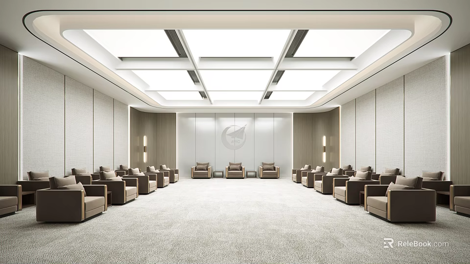 Modern Front Desk Reception Area With Comfortable Seating And Elegant Ceiling Lighting 3d model