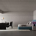 Stylish Blue Upholstered Double Bed In Minimalist Raw Concrete Bedroom With Practical Work Desk
