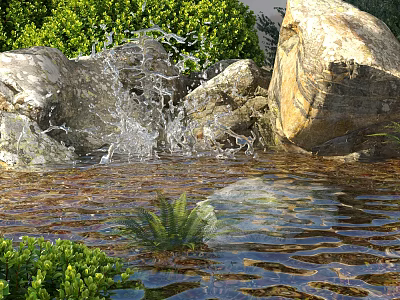 Tranquil Garden Landscape Design With Splashing Water Rocks And Lush Green Plants 3d model