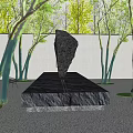 Outdoor Sculpture Display With Stone Platform Metal Chairs and Lush Green Trees