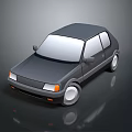 Small Modern Dark Gray Hatchback Car With Sleek Body And White Wheels On Reflective Surface