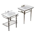 Two White Bathroom Sinks With Metal Stands Shelf And Classic Faucet Design