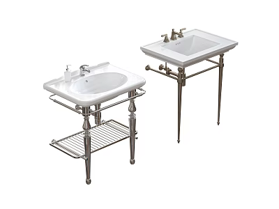 Two White Bathroom Sinks With Metal Stands Shelf And Classic Faucet Design 3d model