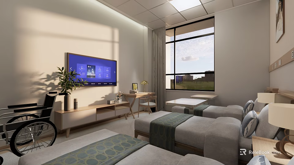 Modern Medical Room Interior With Wheelchair TV Beds And Large Window 3d model 