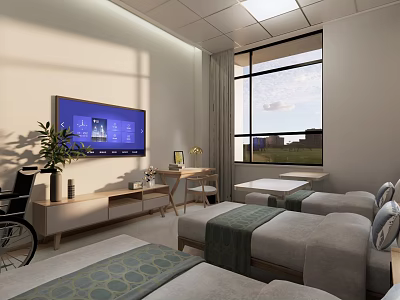 Modern Medical Room Interior With Wheelchair TV Beds And Large Window 3d model