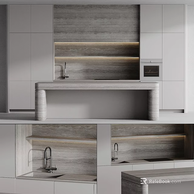 Modern Gray Kitchen Interior With Wooden Countertop Sink Shelves And Built In Appliances 3d model 