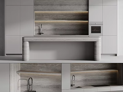 Modern Gray Kitchen Interior With Wooden Countertop Sink Shelves And Built In Appliances 3d model