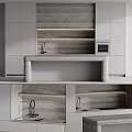Modern Gray Kitchen Interior With Wooden Countertop Sink Shelves And Built In Appliances