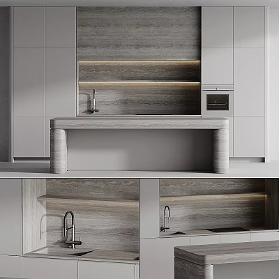 Modern Gray Kitchen Interior With Wooden Countertop Sink Shelves And Built In Appliances 3d model