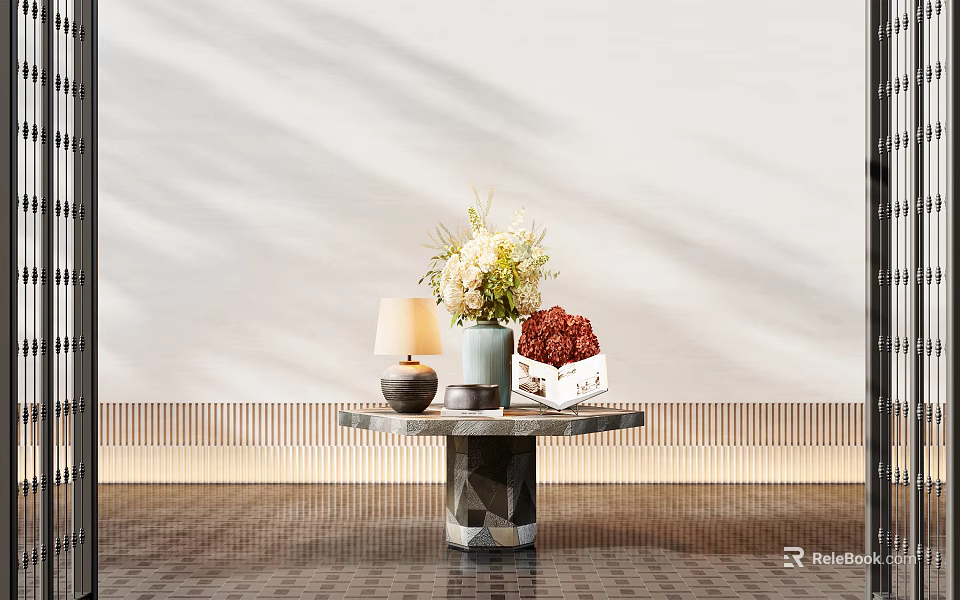 Console Table Interior With Floral Arrangement Table Lamp Red Decorative Box White Wall Light Shadows 3d model