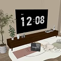 Modern TV Stand With TV Decorative Plants Drawers Area Rug And Window Blinds