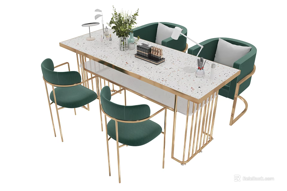 Modern Table And Chair Set With Green Chairs Gold Frame White Tabletop And Decor 3d model 