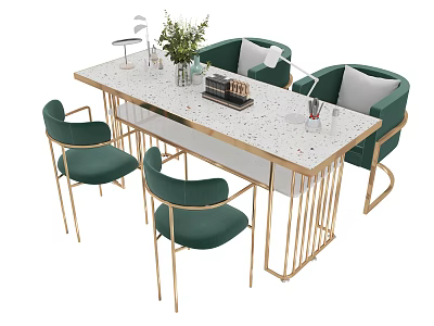 Modern Table And Chair Set With Green Chairs Gold Frame White Tabletop And Decor 3d model