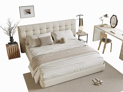 Modern Double Bed With Tufted Headboard Pillows Bedside Table Desk Chair Mirror Lamp And Rug 3d model