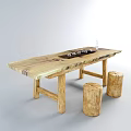 Natural Wood Tea Table with Tea Set Vase and Tree Stump Stools 3d model