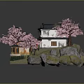 Cute Cartoon Scene With Japanese Houses Pink Cherry Trees Small Boat Red Torii Gate